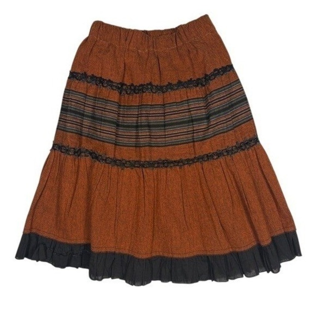 Rust Orange Tiered Boho Midi Skirt Black Lace Trim Striped Elastic Waist